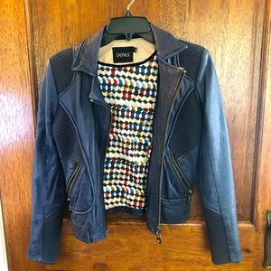 Doma faded navy color leather jacket with geometric lining xs